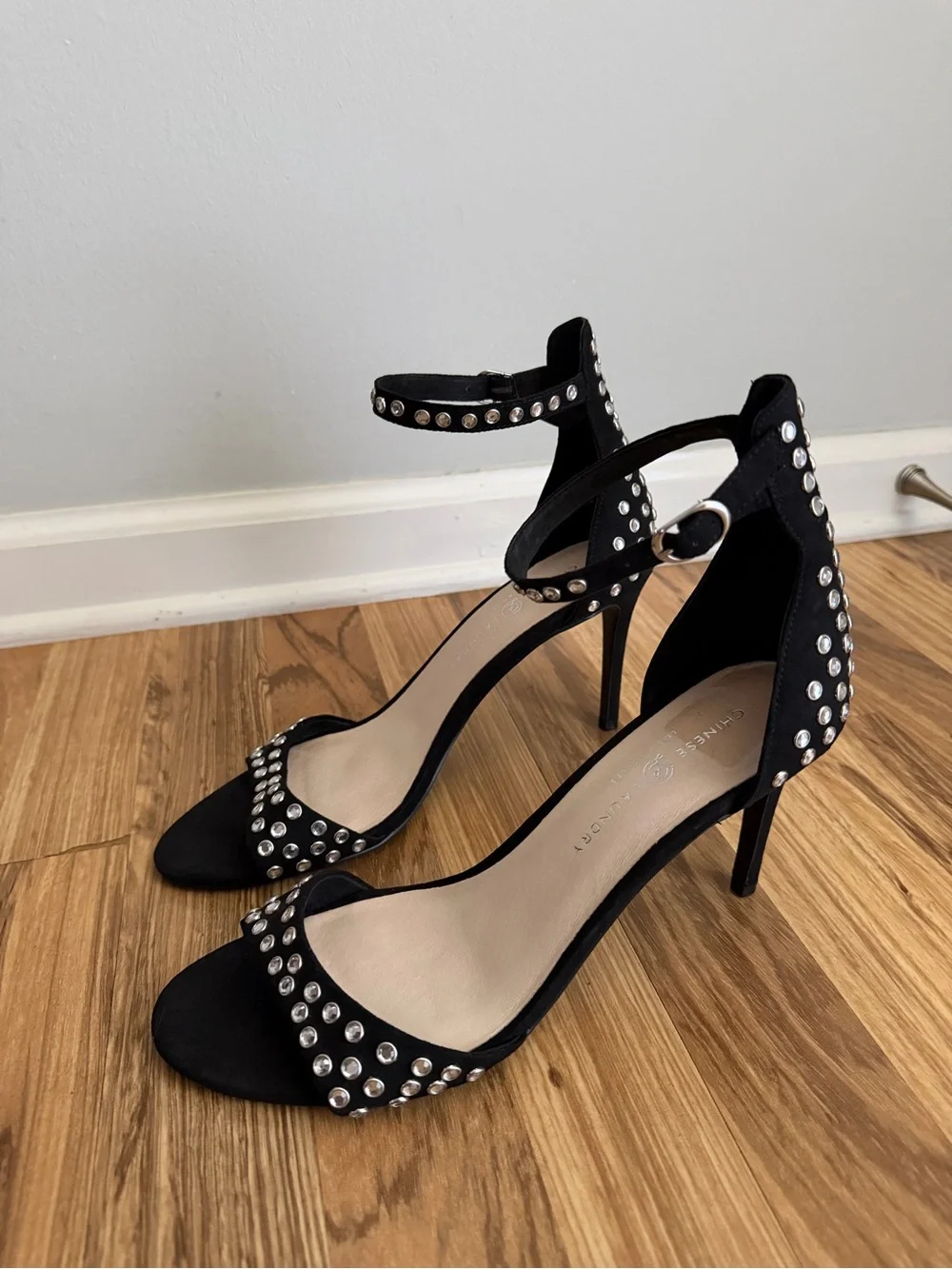 Chinese Laundry Black Studded Ankle Strap Stiletto Heels Sandal Size 11M